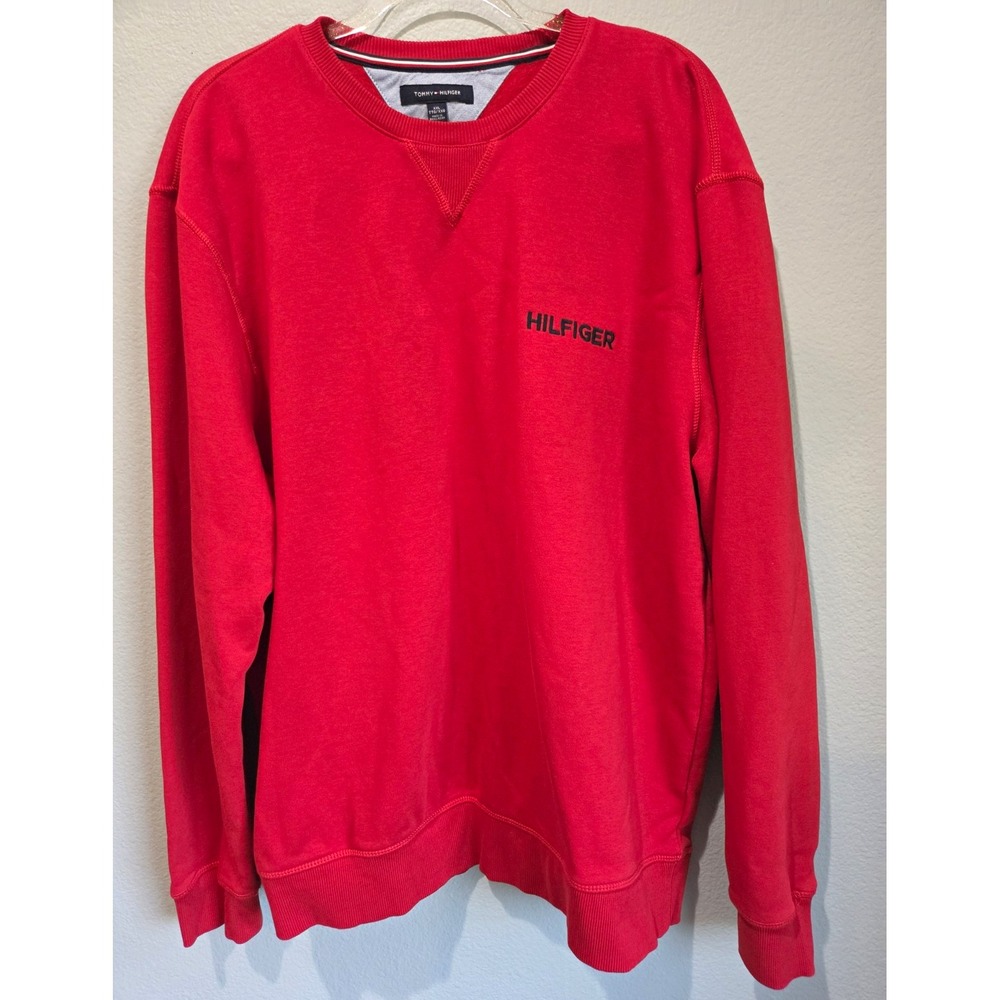 Tommy Hilfiger Men Red Crew Neck Sweatshirt XXL Embroidered Logo Ribbed Pullover